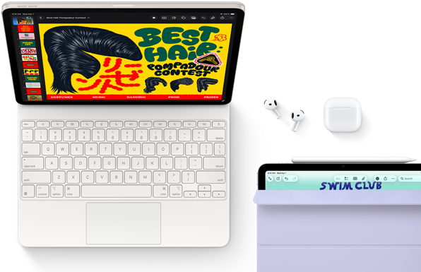 iPad Air v hviezdnej bielej, na obrazovke je farebná grafika. iPad je pripojený ku klávesnici Magic Keyboard, slúchadlám AirPods Pro a ceruzke Apple Pencil Pro